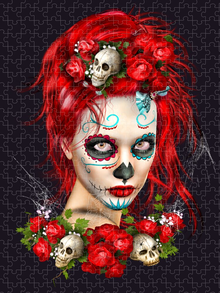 Day Of The Dead Jigsaw Puzzle featuring the digital art Sugar Doll Red by Shanina Conway