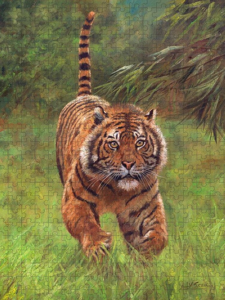 Sumatran Tiger Jigsaw Puzzle featuring the painting Sumatran Tiger Running by David Stribbling