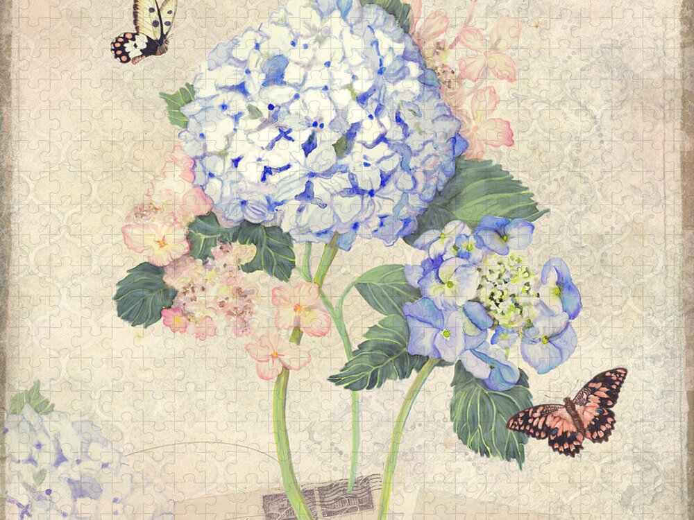 Pastel Jigsaw Puzzle featuring the painting Summer Memories - Blue Hydrangea n Butterflies by Audrey Jeanne Roberts