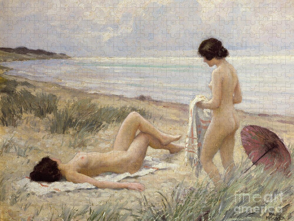 Summer On The Beach Puzzle featuring the painting Summer on the Beach by Paul Fischer