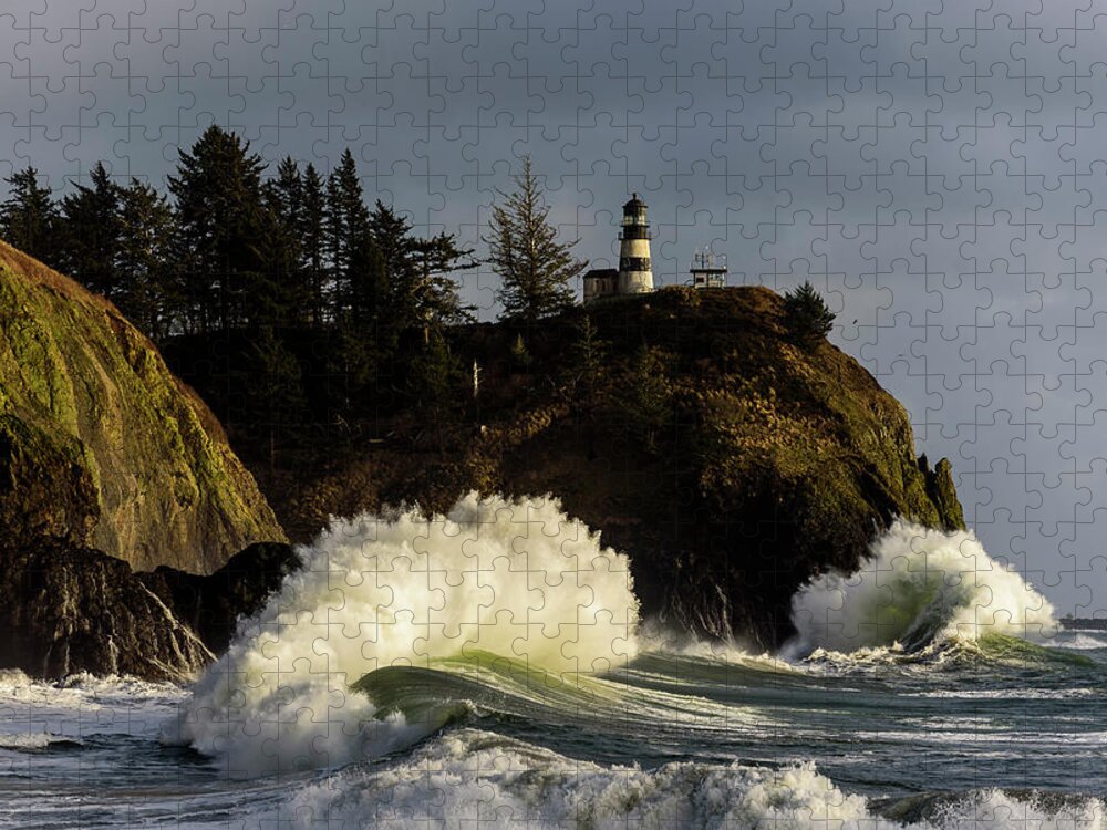 Cape Disappointment Jigsaw Puzzle featuring the photograph Sun and Surf With Lighthouse by Robert Potts