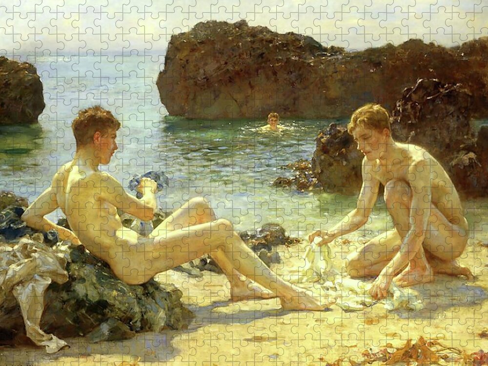 Henry Scott Tuke Jigsaw Puzzle featuring the painting Sun Bathers by Henry Scott Tuke