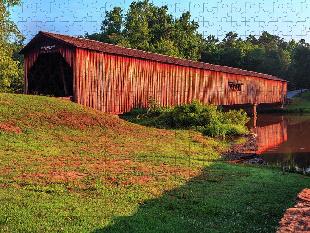 Covered Bridge Jigsaw Puzzle featuring the photograph Sun Shining on Watson Mill Bridge by Doug Camara