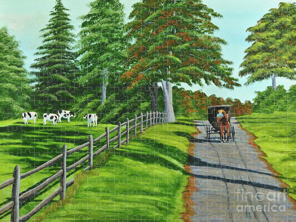 Cows Jigsaw Puzzle featuring the painting Sunday Drive by Charlotte Blanchard