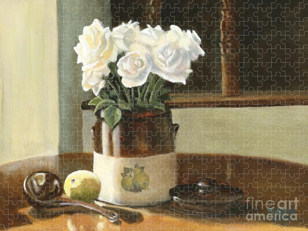 Still Life Jigsaw Puzzle featuring the painting Sunday Morning and Roses - Study by Marlene Book