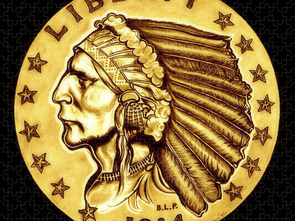 Indian Head Jigsaw Puzzle featuring the drawing Sunflower Gold Quarter Eagle by Fred Larucci