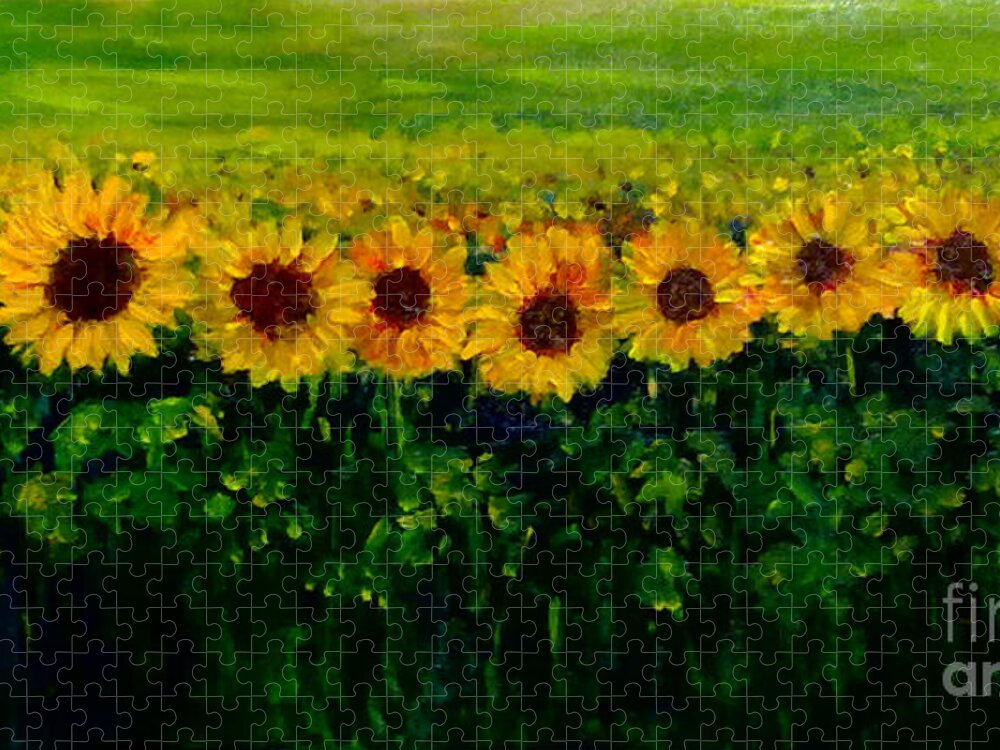 Sun Flowers Jigsaw Puzzle featuring the painting Sunflowers in a row by Asha Sudhaker Shenoy