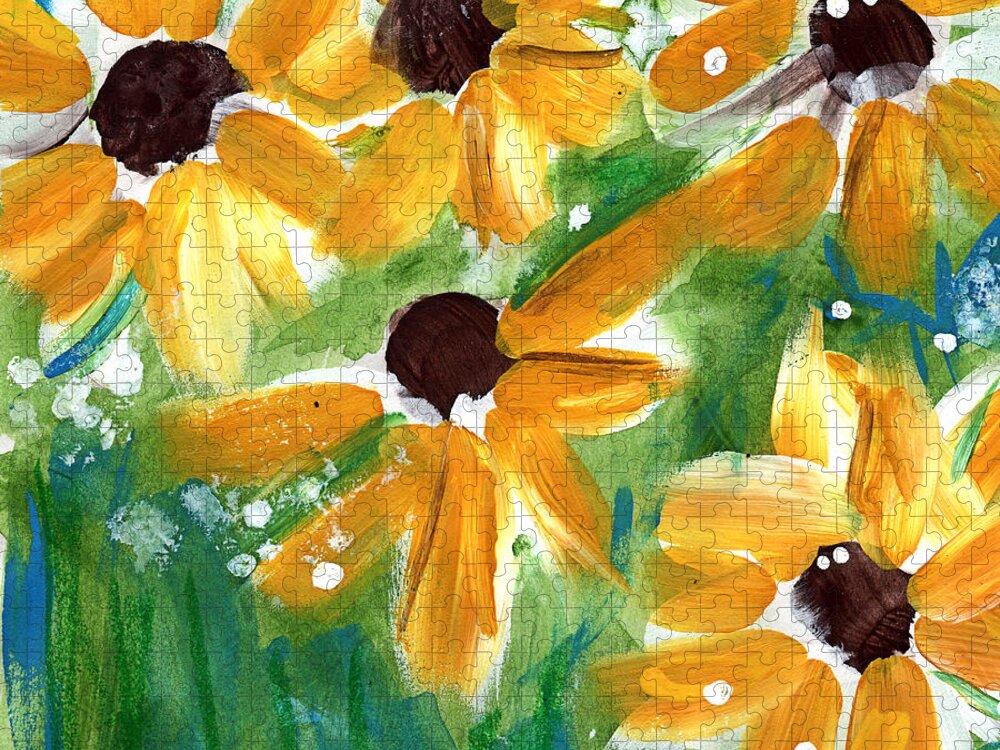 Sunflowers Jigsaw Puzzle featuring the painting Sunflowers by Linda Woods