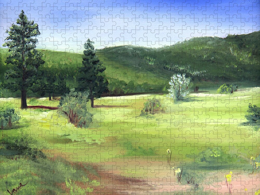 Sunlit Mountain Meadow Jigsaw Puzzle featuring the painting Sunlit Mountain Meadow by Nila Jane Autry