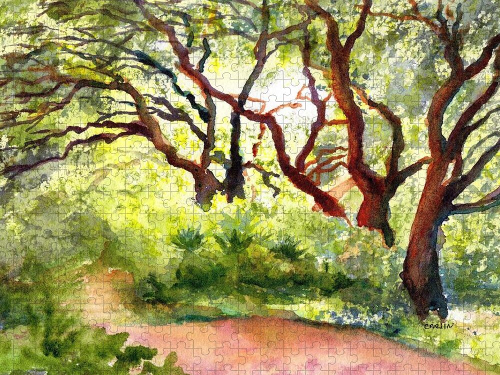 Oak Trees Jigsaw Puzzle featuring the painting Sunlit Wooded Path by Carlin Blahnik CarlinArtWatercolor