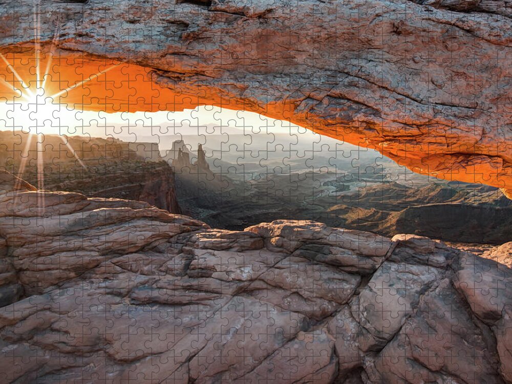 America Jigsaw Puzzle featuring the photograph Sunrise at Mesa Arch - Canyonlands National Park by Gregory Ballos
