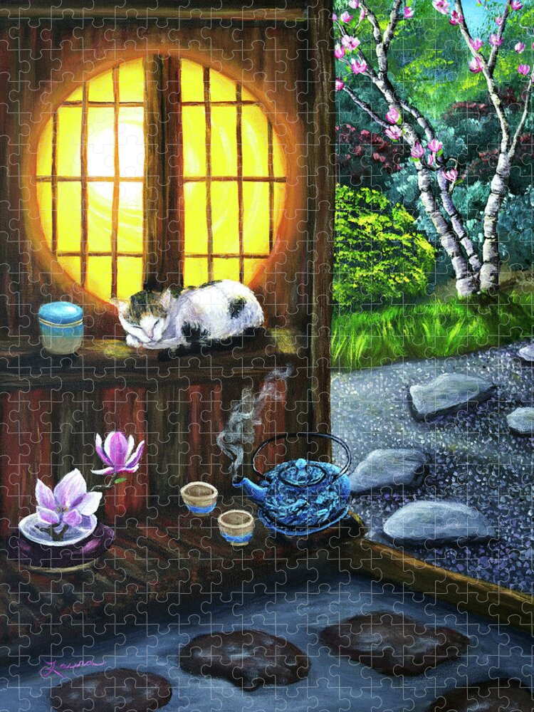 Zen Jigsaw Puzzle featuring the painting Sunrise in Moon Window by Laura Iverson