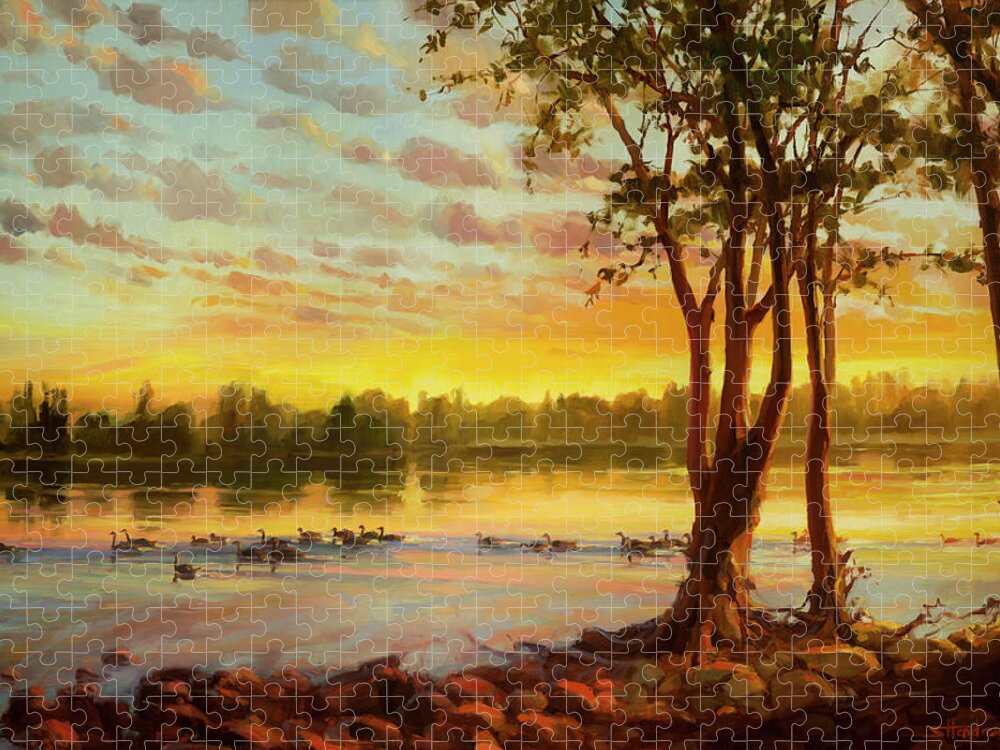 Landscape Jigsaw Puzzle featuring the painting Sunrise on the Columbia by Steve Henderson