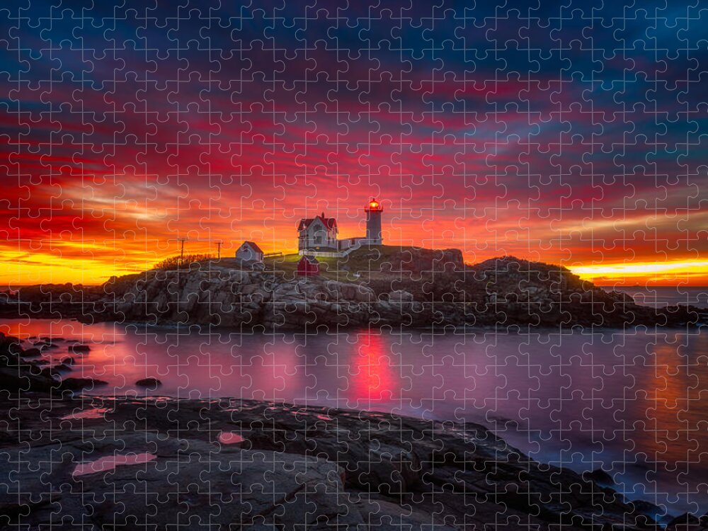 Sunrise Jigsaw Puzzle featuring the photograph Sunrise over Nubble Light by Darren White