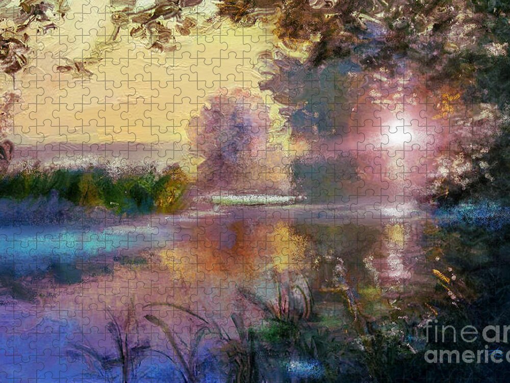 Lake Jigsaw Puzzle featuring the painting SunSet by Angie Braun