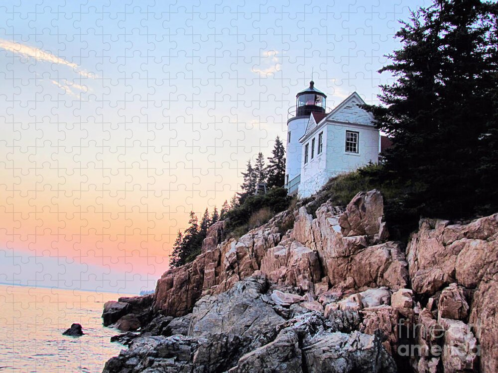 Bass Harbor Maine Jigsaw Puzzle featuring the photograph Sunset at Bass Harbor Lighthouse by Elizabeth Dow