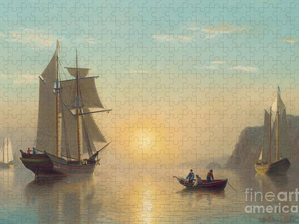 Boat Jigsaw Puzzle featuring the painting Sunset Calm in the Bay of Fundy by William Bradford