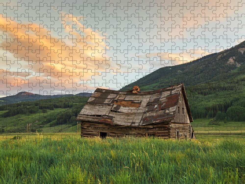 Crested Butte Jigsaw Puzzle featuring the photograph Sunset Over An Abandoned Cabin by Lorraine Baum