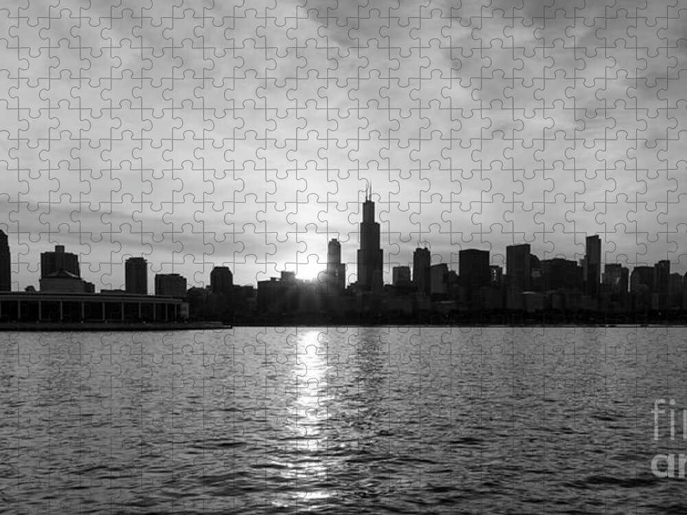 Chicago Jigsaw Puzzle featuring the photograph Sunset Over Chicago Pano Grayscale by Jennifer White