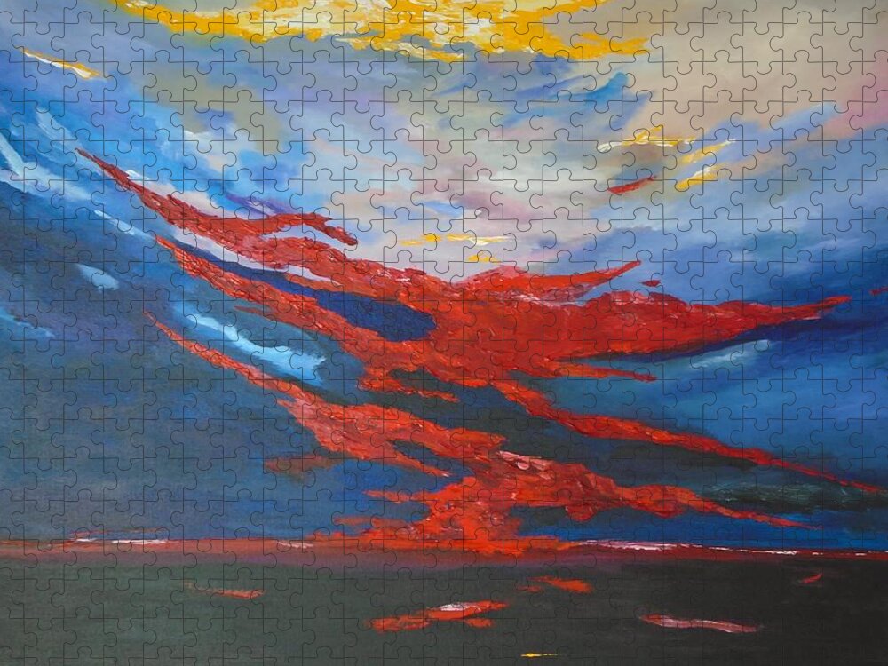 Sunset Jigsaw Puzzle featuring the painting Sunset over the islands of Ireland by Conor Murphy