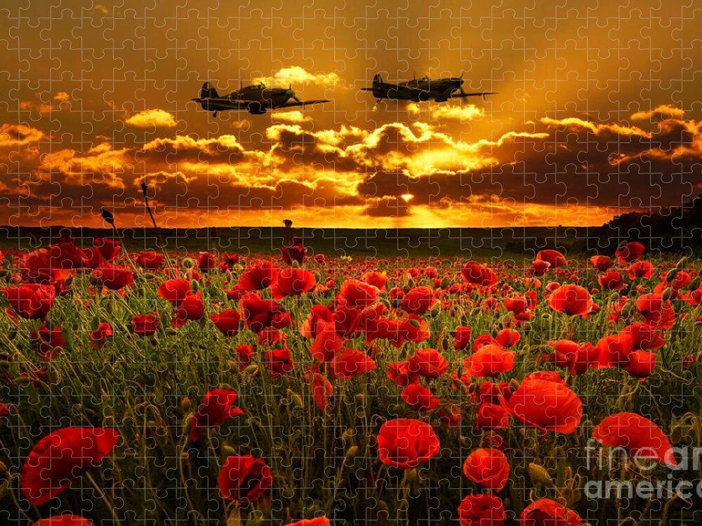 Supermarine Jigsaw Puzzle featuring the digital art Sunset Poppies Fighter Command by Airpower Art