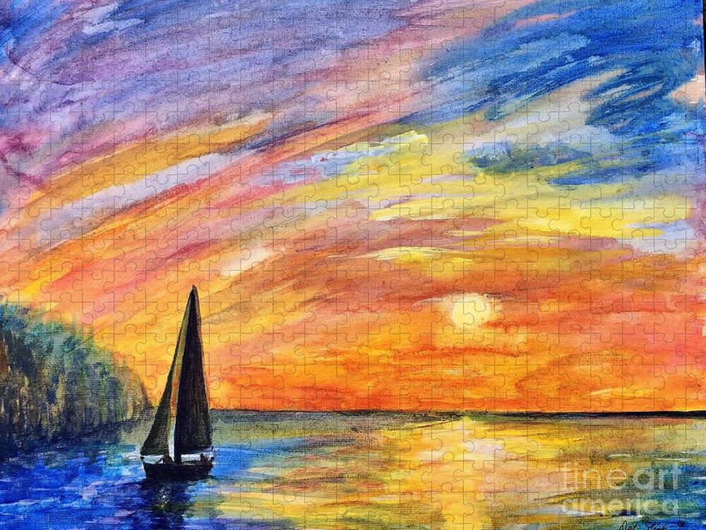 Sunset Jigsaw Puzzle featuring the painting Sunset Sail by Deb Stroh-Larson