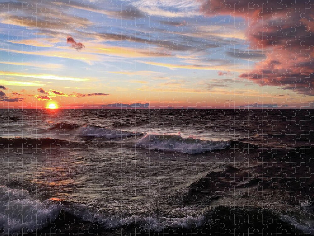 Bay Of Green Bay Jigsaw Puzzle featuring the photograph Sunset Wind and Waves by David T Wilkinson