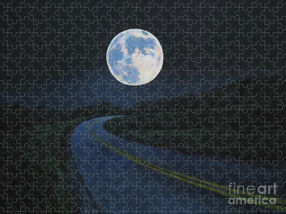 Super Moon Jigsaw Puzzle featuring the painting Super Moon at the end of the road by Christopher Shellhammer