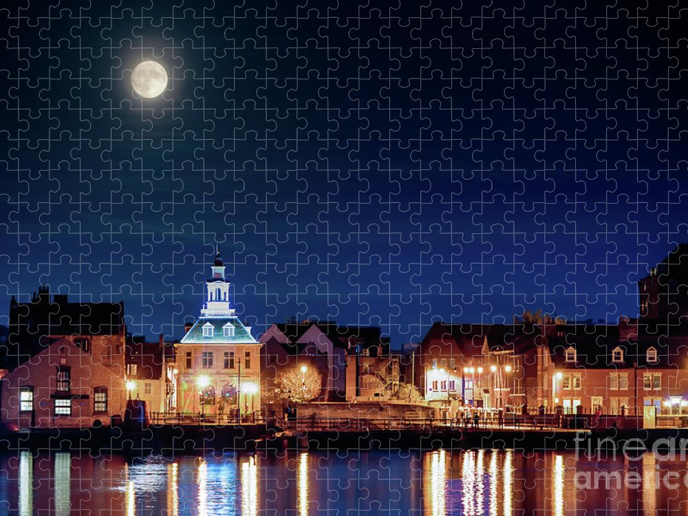 Super-moon Jigsaw Puzzle featuring the photograph Supermoon rising over Norfolk town UK by Simon Bratt