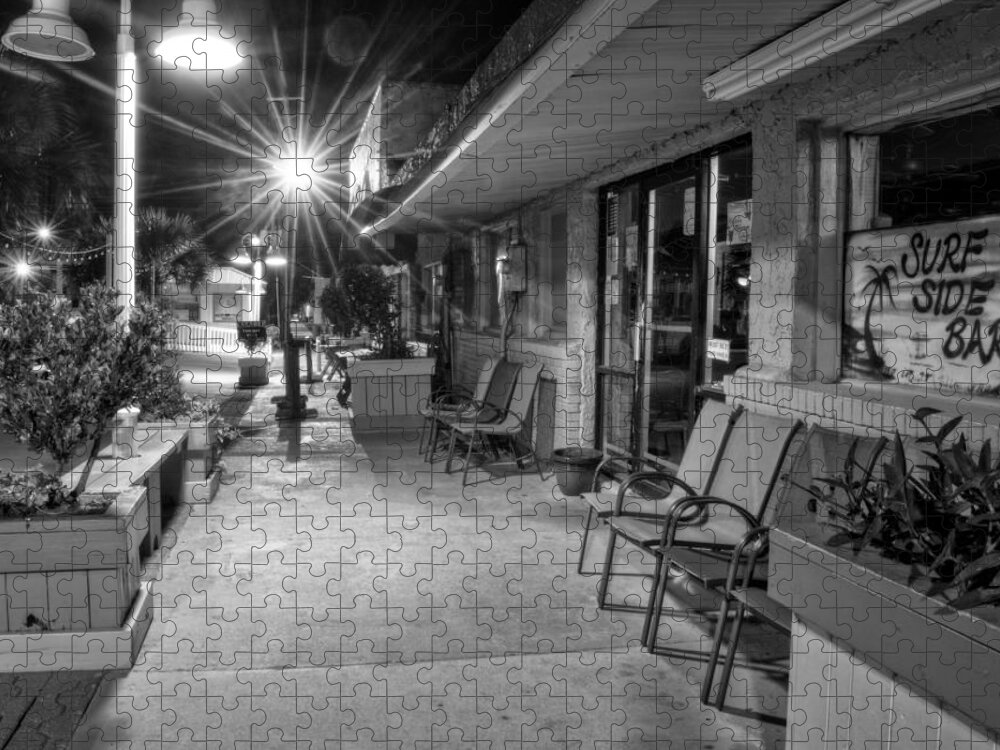 Surf Side Bar Jigsaw Puzzle featuring the photograph Surf Side Bar At Night in Black and White by Greg and Chrystal Mimbs