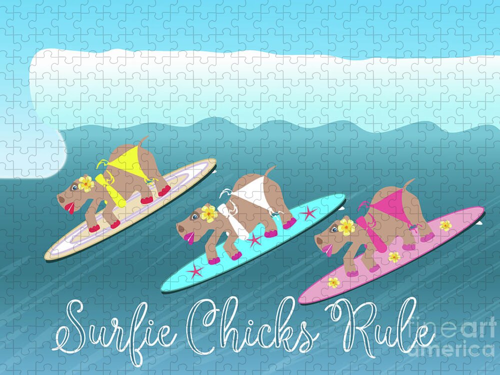 Hippo Jigsaw Puzzle featuring the digital art Surfing Hippos - Surfie Chicks Rule in Text by Barefoot Bodeez Art