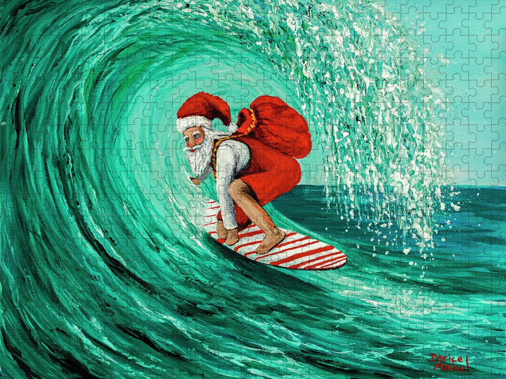 Christmas Jigsaw Puzzle featuring the painting Surfing Santa by Darice Machel McGuire