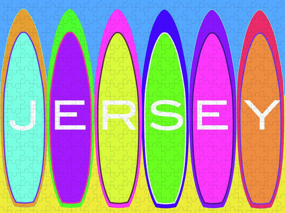 Jersey Jigsaw Puzzle featuring the digital art Jersey Text on Surfboards on the Beach by Barefoot Bodeez Art