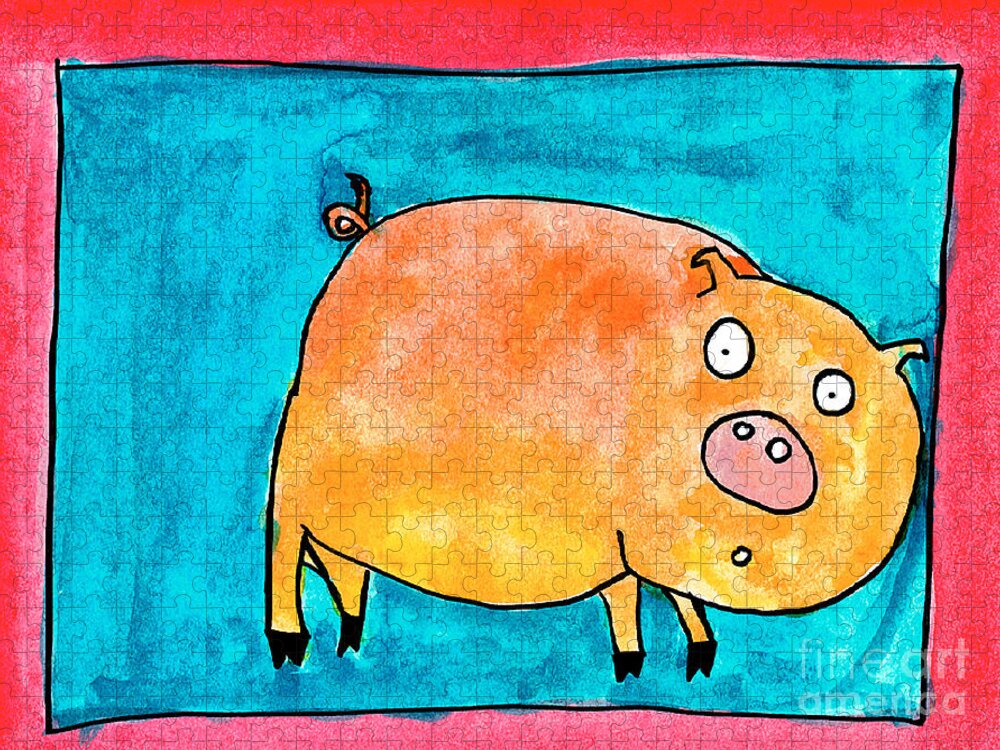 Pig Jigsaw Puzzle featuring the painting Surprised Pig by Nick Abrams Age Thirteen
