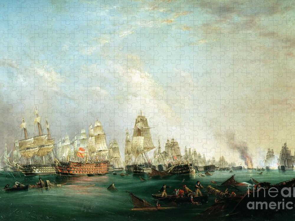 Surrender Jigsaw Puzzle featuring the painting Surrender of the Santissima Trinidad to Neptune The Battle of Trafalgar by Lieutenant Robert Strickland Thomas