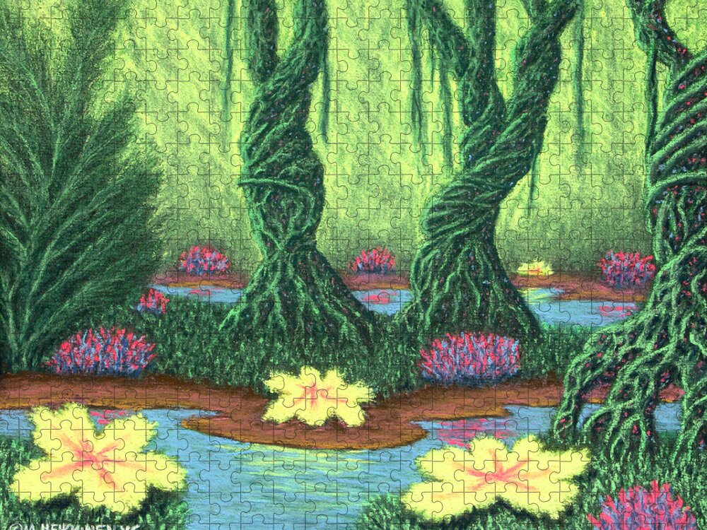 #swamp #things #trees #water #mist #light #plants #flowers #fantasy #scenic #chalk #pastel #landscape Jigsaw Puzzle featuring the pastel Swamp Things 02, Diptych Panel A by Michael Heikkinen
