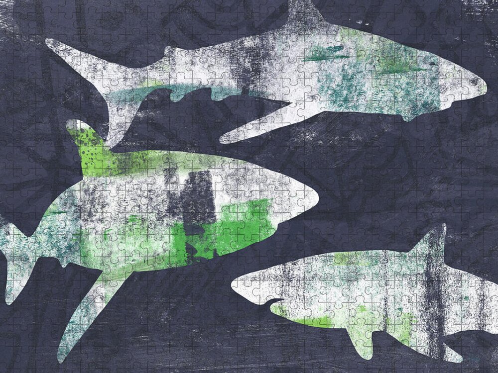 Sharks Jigsaw Puzzle featuring the painting Swimming With Sharks- Art by Linda Woods by Linda Woods