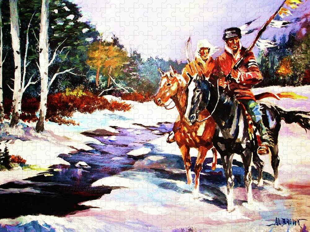 Trees Jigsaw Puzzle featuring the painting Snowbound Hunters by Al Brown