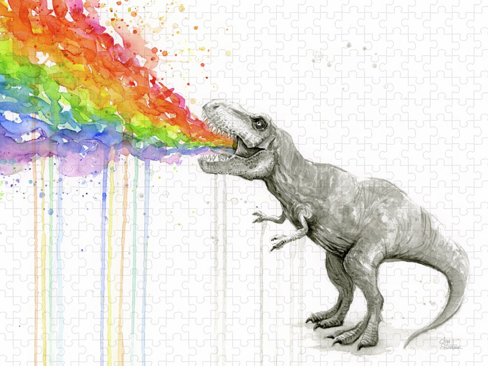 T-rex Jigsaw Puzzle featuring the painting T-Rex Tastes the Rainbow by Olga Shvartsur