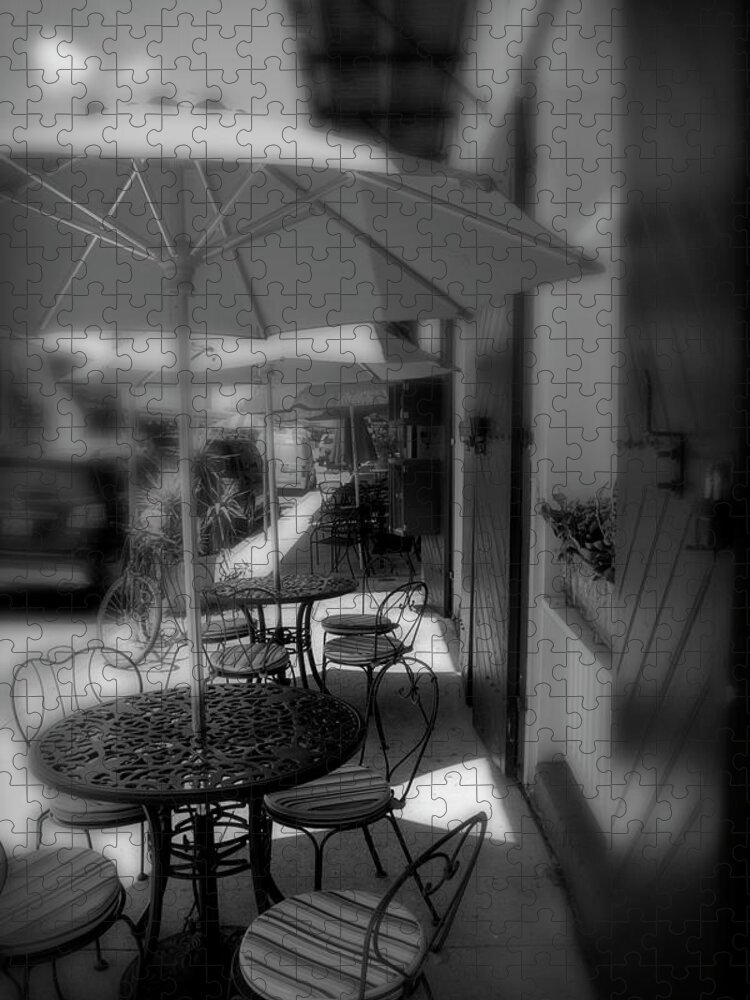 Table Jigsaw Puzzle featuring the photograph Table At New Orleans' French Market In Black And White by Greg and Chrystal Mimbs