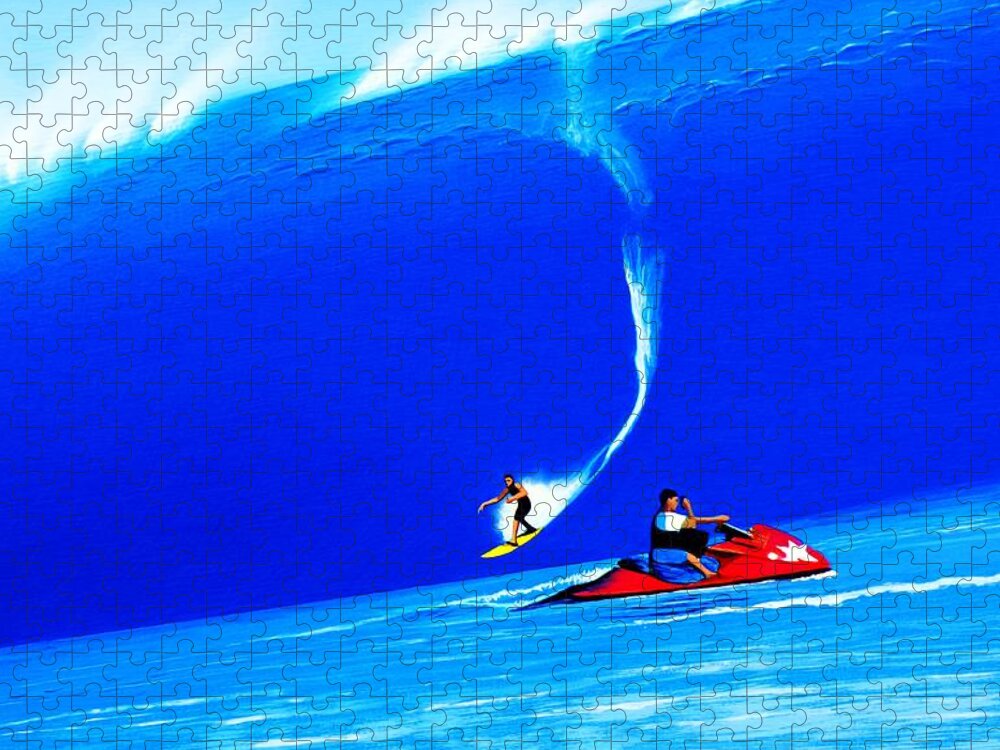Surfing Jigsaw Puzzle featuring the painting Teahupoo Tahiti 2010 by John Kaelin