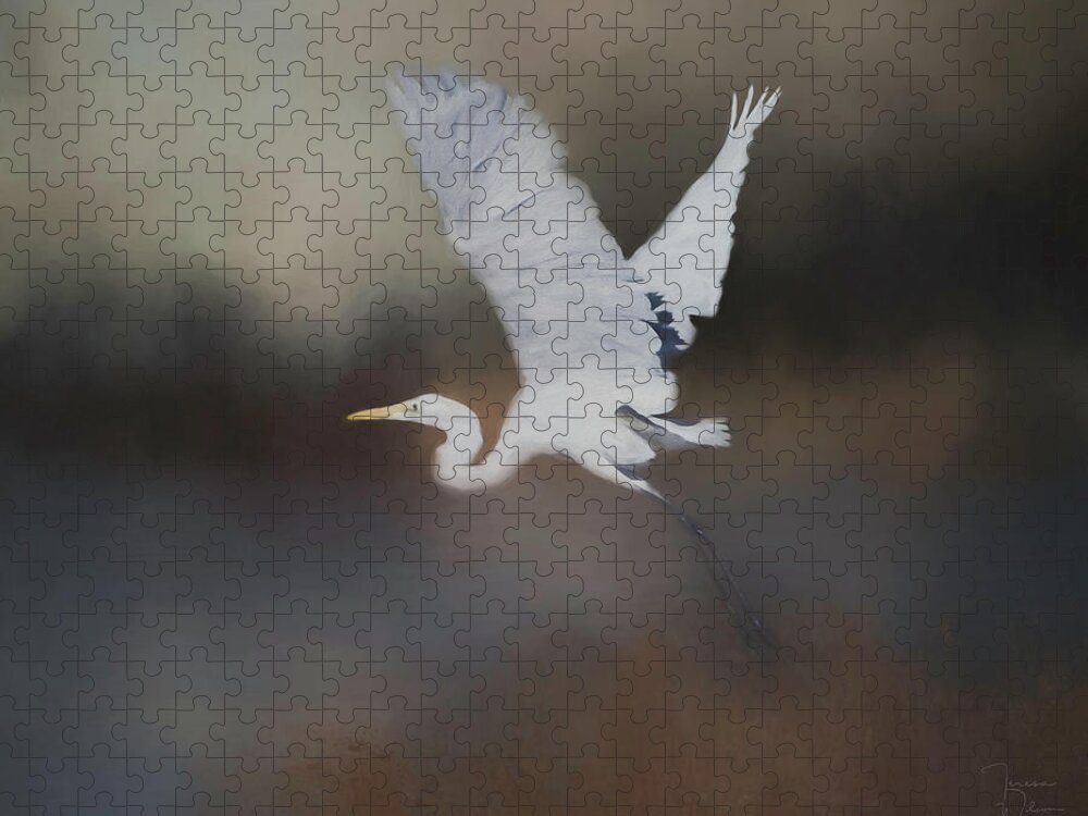 Egret Jigsaw Puzzle featuring the mixed media Taking Flight by Teresa Wilson