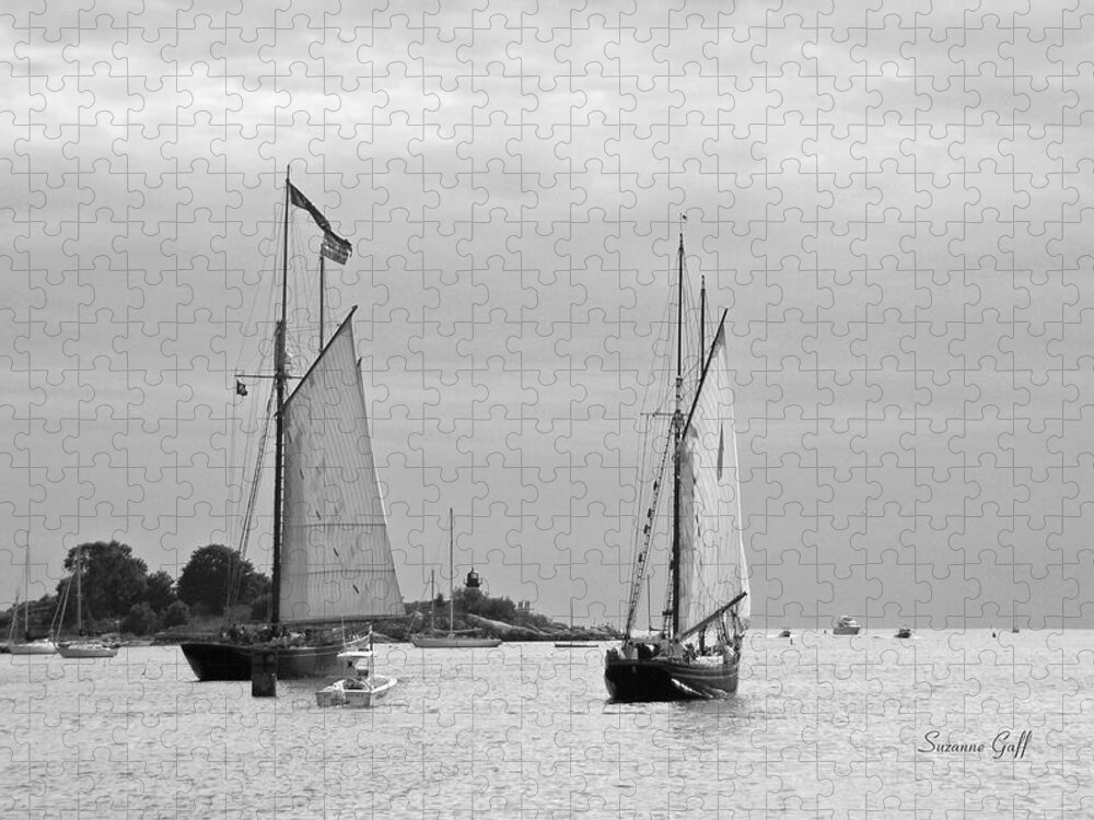 Tall Ships Jigsaw Puzzle featuring the photograph Tall Ships Sailing I in black and white by Suzanne Gaff