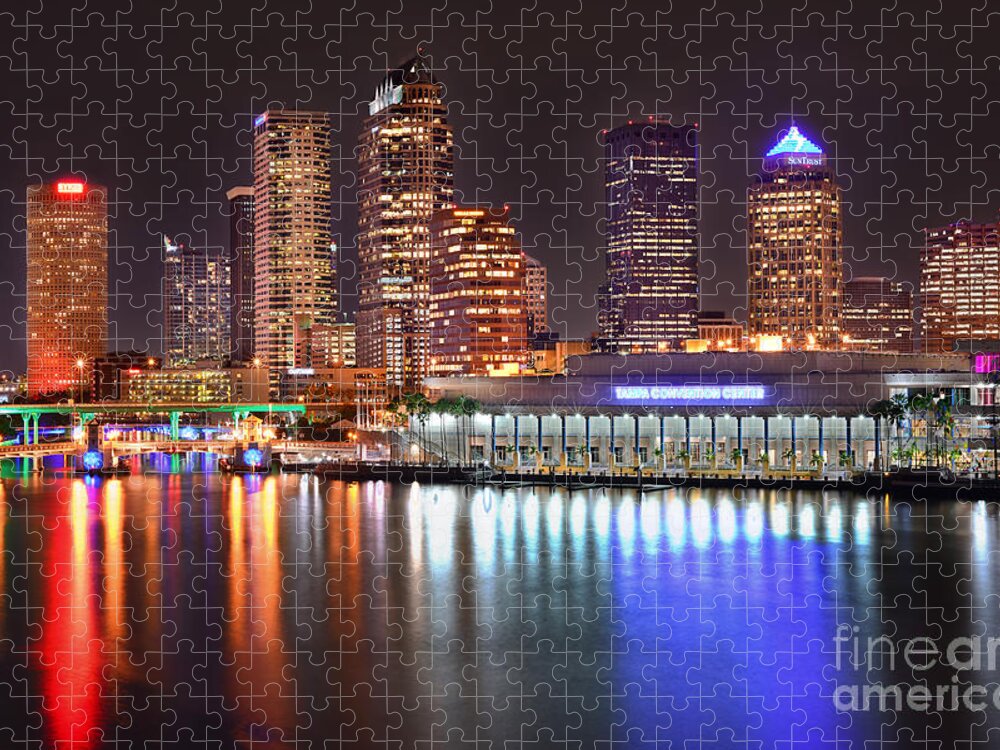 Tampa Jigsaw Puzzle featuring the photograph Tampa Skyline at Night Early Evening by Jon Holiday
