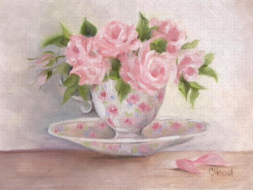 Teacup And Saucer Roses Jigsaw Puzzle featuring the painting Teacup And Saucer Rose Shabby Chic Painting by Chris Hobel