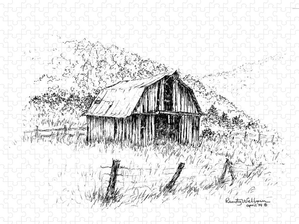 Tennessee Hills Barn Jigsaw Puzzle featuring the drawing Tennessee Hills with Barn by Randy Welborn