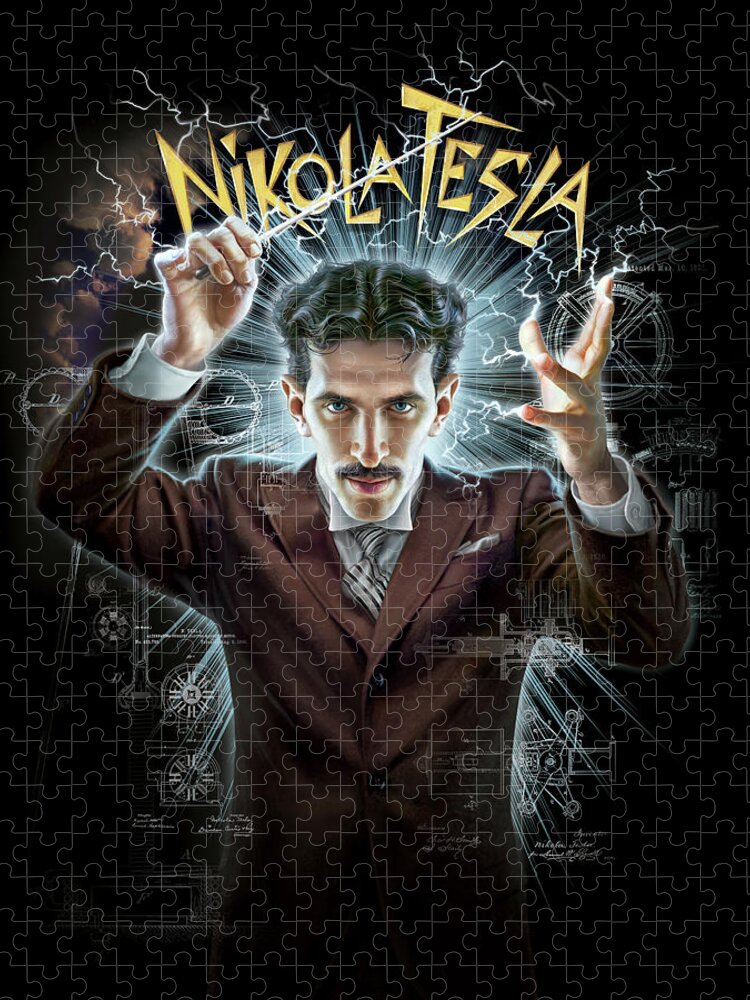 Nikola Tesla Jigsaw Puzzle featuring the digital art Tesla, Conductor of Electricity by Mark Fredrickson