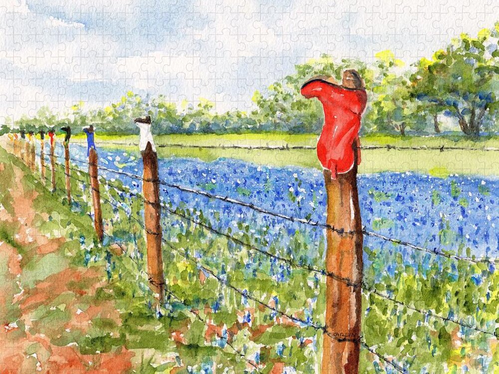 Texas Jigsaw Puzzle featuring the painting Texas Bluebonnets Boot Fence by Carlin Blahnik CarlinArtWatercolor