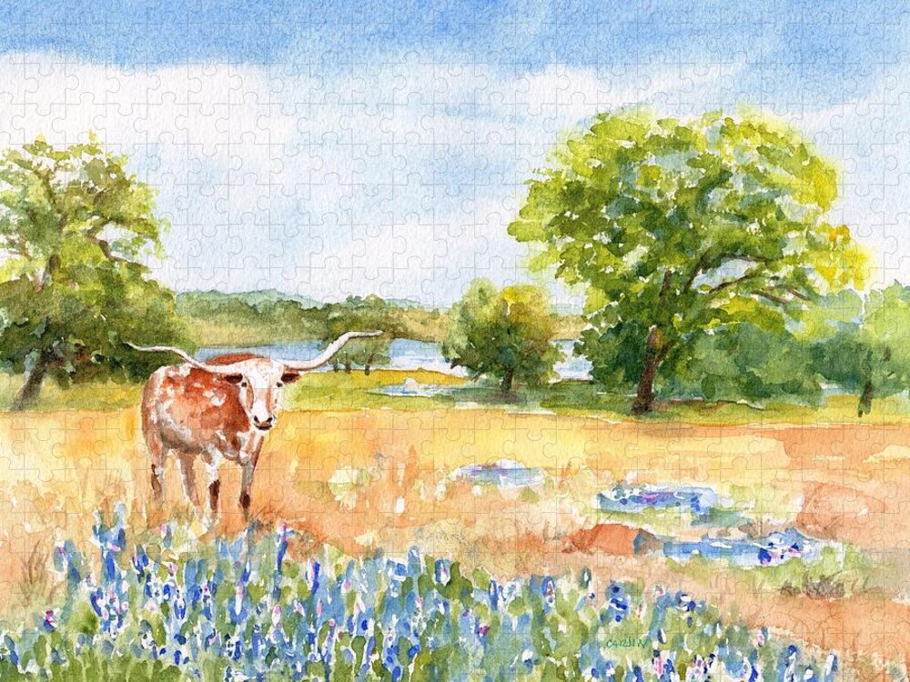 Longhorn Jigsaw Puzzle featuring the painting Texas Longhorn and Bluebonnets by Carlin Blahnik CarlinArtWatercolor