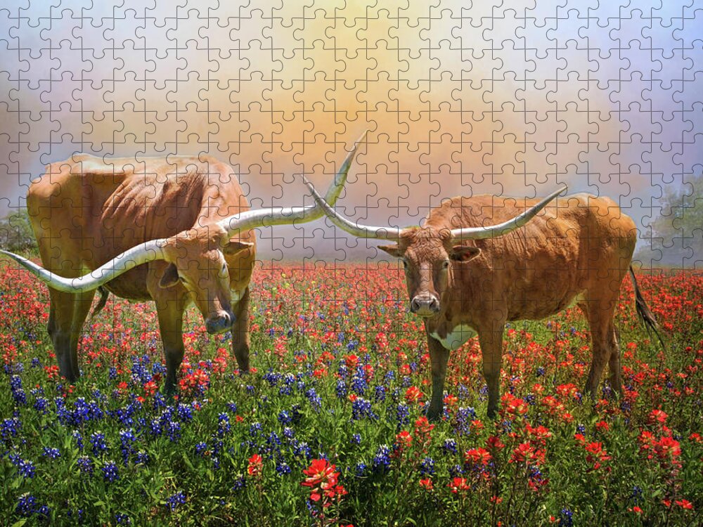 Texas Longhorns Jigsaw Puzzle featuring the photograph Texas Longhorns in Spring Wildflowers by Lynn Bauer